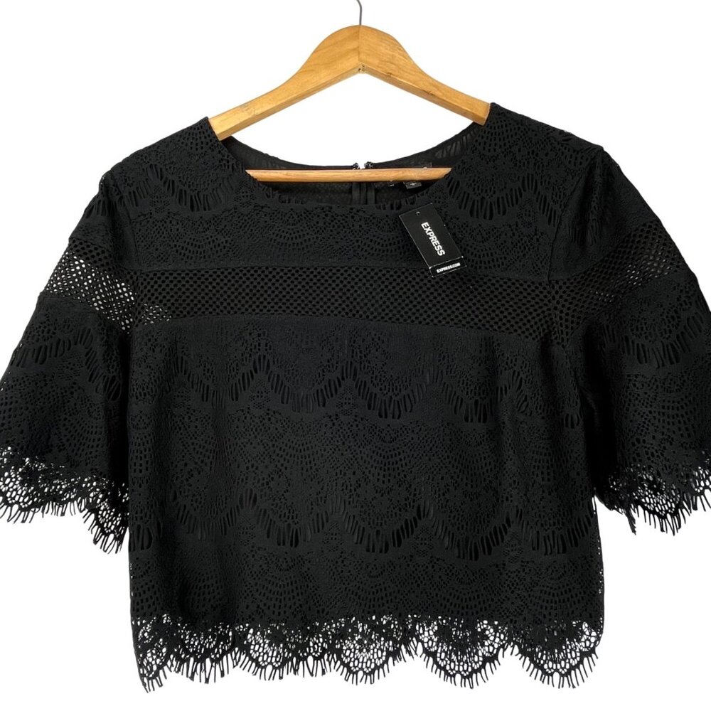 Express Black Lace Short Sleeve Crop Top G embroidered